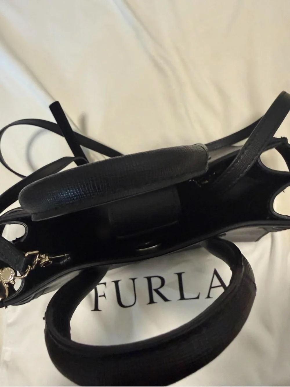Furla Pin Small Black Saffiano Leather Tote Crossbody Bag + Heart Charm NWOT
